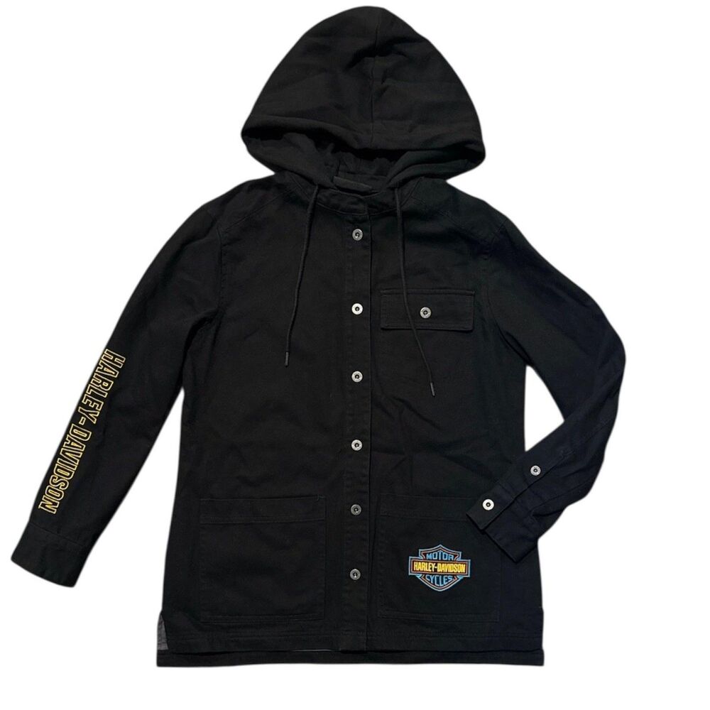 Harley Davidson Jacket Hooded Button Up Biker Embroidered Logo Womens Small